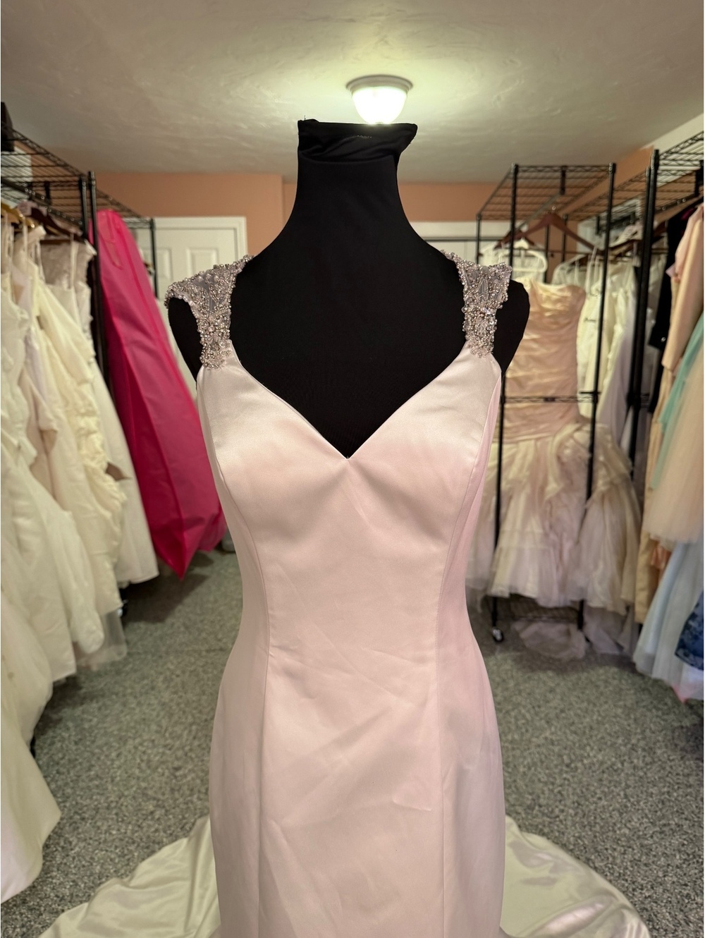 Allure Bridals Ivory Satin Wedding Dress with Beaded Cap Sleeves - Picture 2 of 6